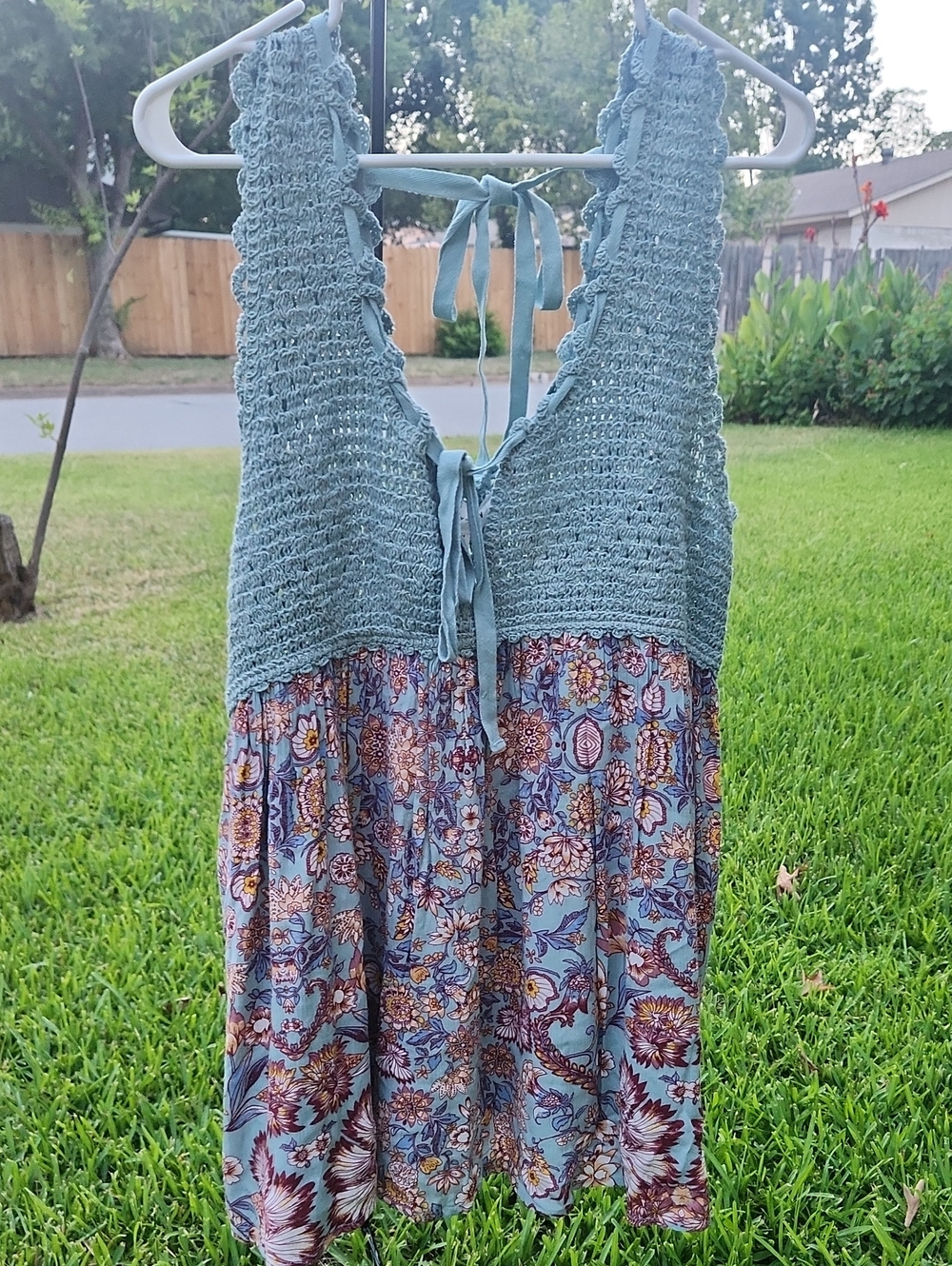 Boho Blue Crochet Top with Floral Dress